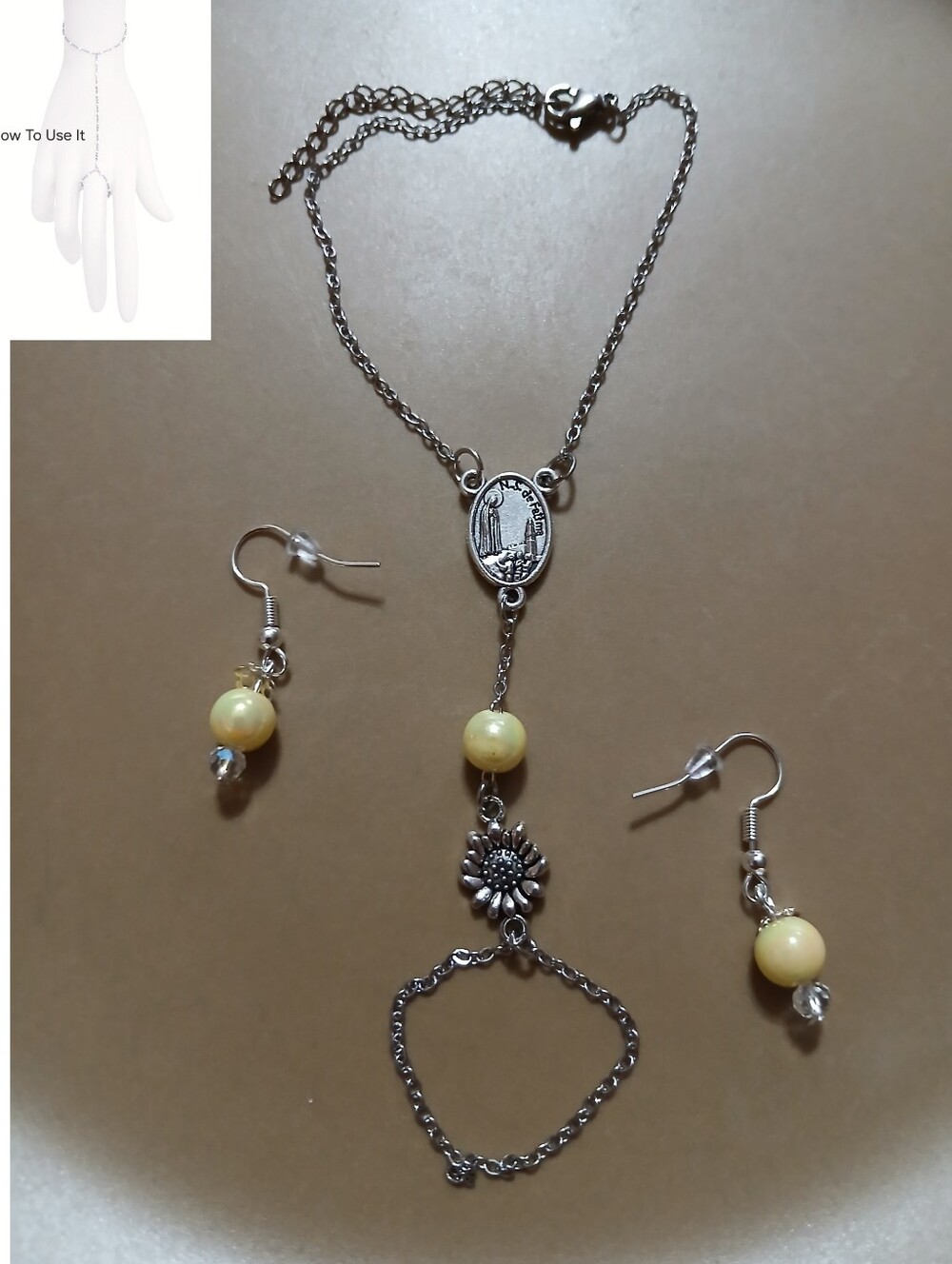 Our Lady Of Fatima Silver-tone Yellow Bead Floral Hand Chain and Earring Set
